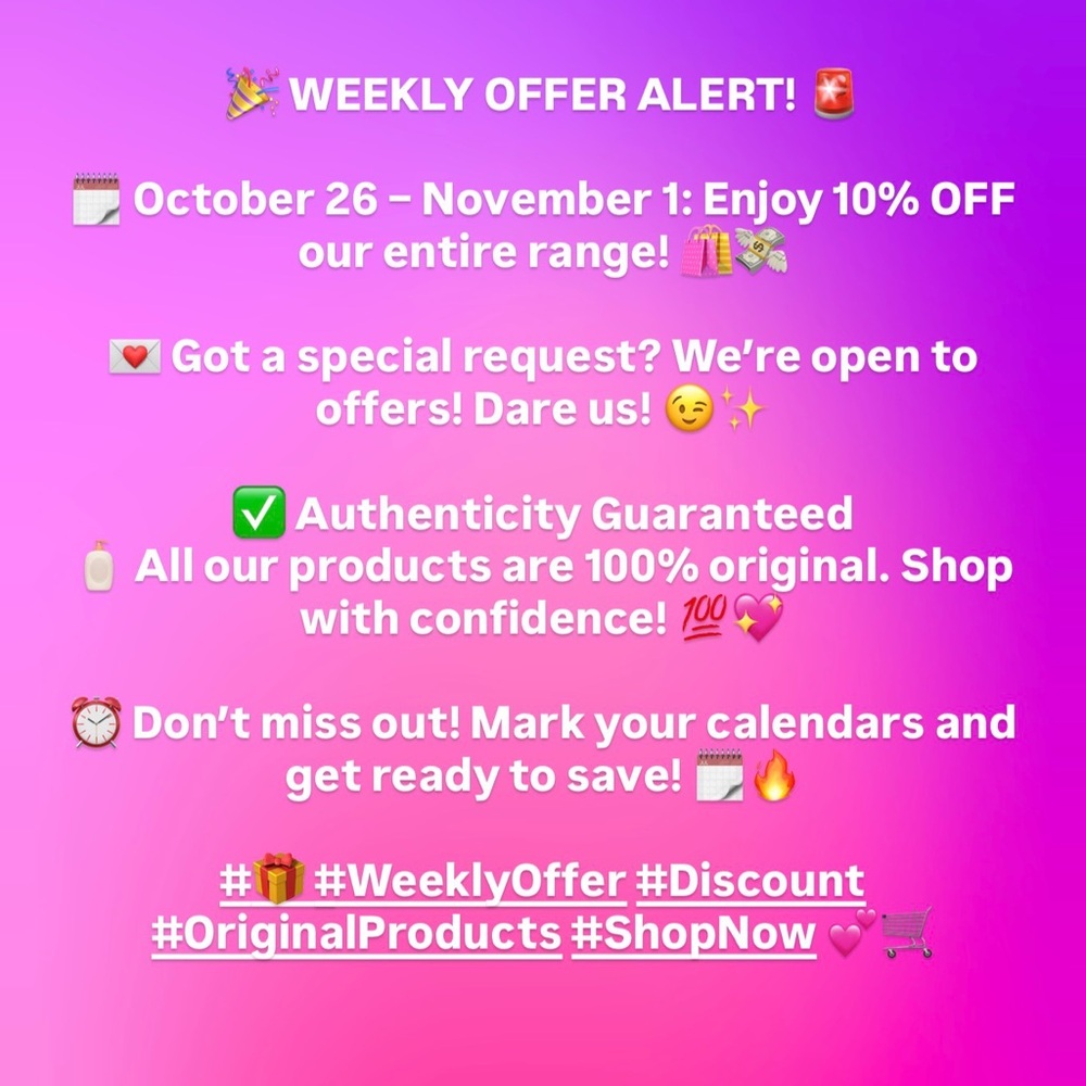 🗓️ October 26 – November 1: Enjoy 10% OFF our entire range! 🛍️💸